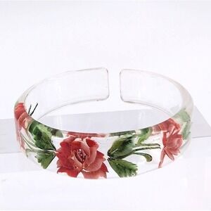 VTG Lucite Cuff Bracelet Red Rose Embedded Floral‎ Clear Acrylic Botanical 8.75"